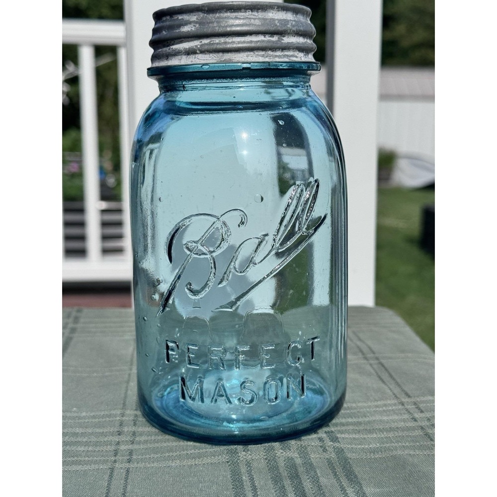 Antique Ball Perfect Mason Aqua Glass Quart Jar Zinc Porcelain Lid 1923-1933 103